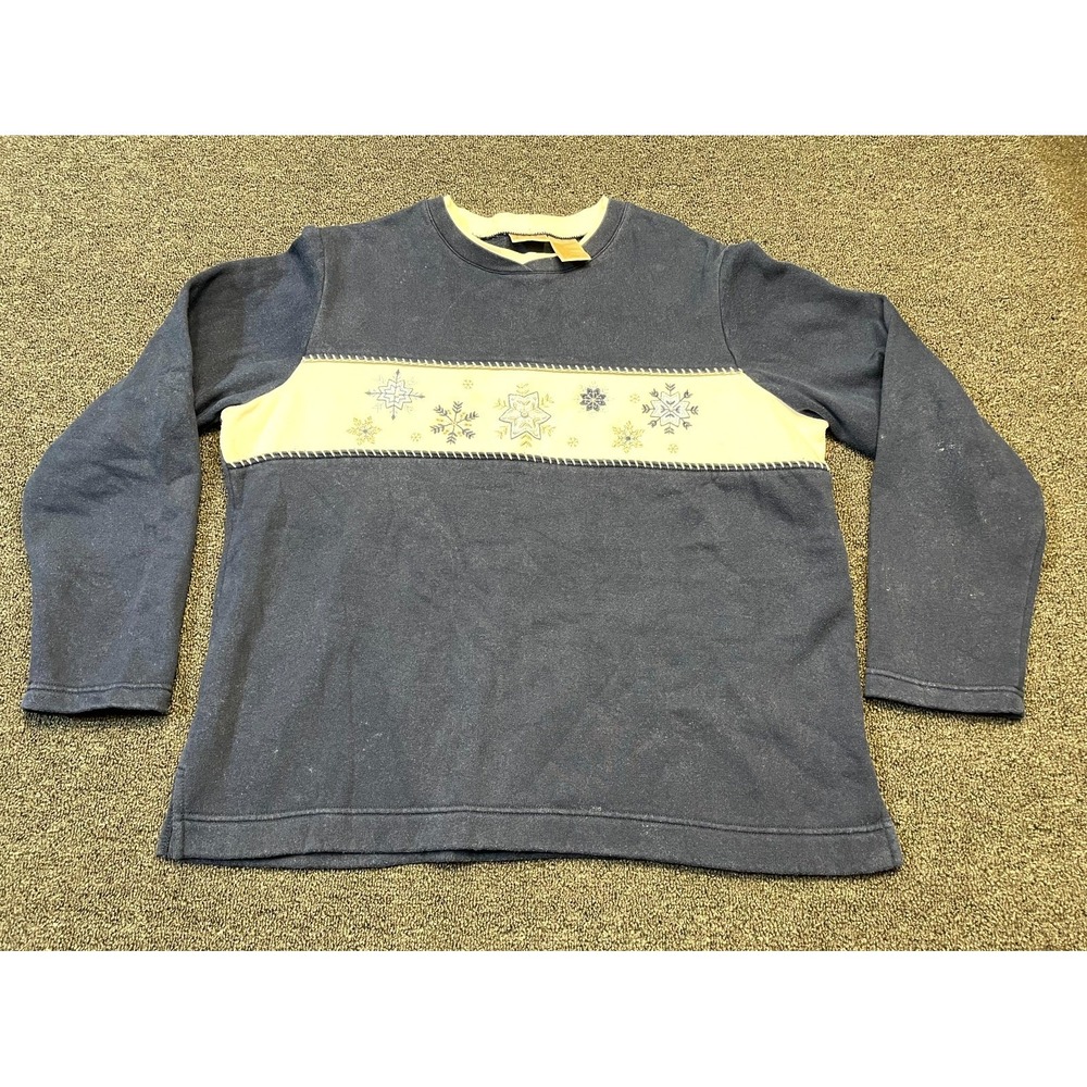 Bobbie Brooks Sweatshirt Womens XL Blue White Embroidered Floral Cotton Winter